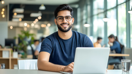 Young Indian Businessman Working on Laptop in Modern Office. Corporate and Professional Businessman