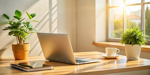 Minimalist Workspace: Laptop, Notebook, Plant & Warm Sunlight