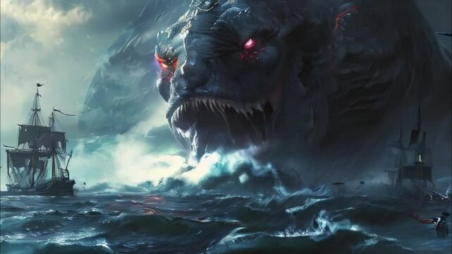 Scary sea monster in dark depths of deep blue ocean, abstract vivid composition consists of fictional unreal fantastic vision on background