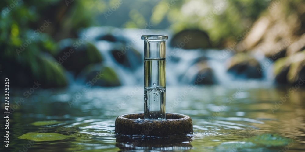Poster glass water pipe in tranquil river setting with clear copy space for text and soft natural backgroun