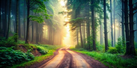Fototapeta premium Misty Forest Road: Serene Winding Path Through Tall Trees with Bokeh Effect
