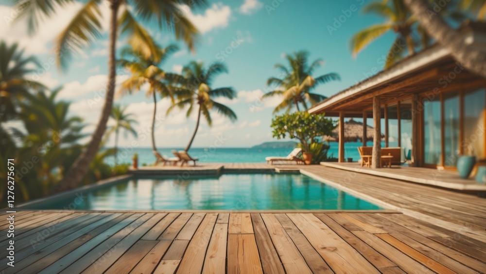 Poster tropical resort pool deck with blurred background of palm trees and water ideal for vacation and rel