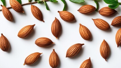 Dried Wild Almond Seeds Arranged Aesthetically on White Surface with Green Leaf Accents for Natural Product Photography