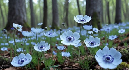 Spring Bloom of Wood Anemones in a Forest showcasing delicate white flowers with purple centers among green foliage and trees