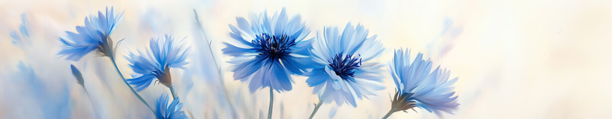 Obraz premium Blue flowers in soft light with a bokeh banner background for copy space