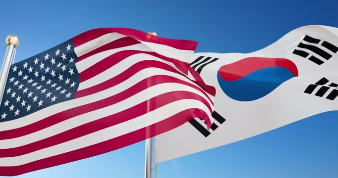 Fluttering flags of USA and Korea against the blue sky, 3d rendering, national symbols of South Korea and USA on the flagpole close-up 