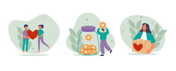 donation illustration volunteer collecting packing used box charity character money hearts jar financial support concept