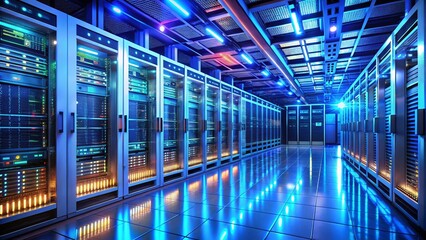 Fototapeta premium Modern Data Center Server Room: High-Tech Network Infrastructure and Cooling Systems