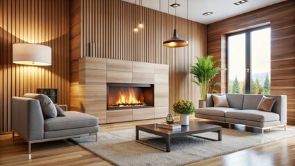 Modern Fireplace & Wooden Paneling Living Room - Stylish Home Interior Stock Photo