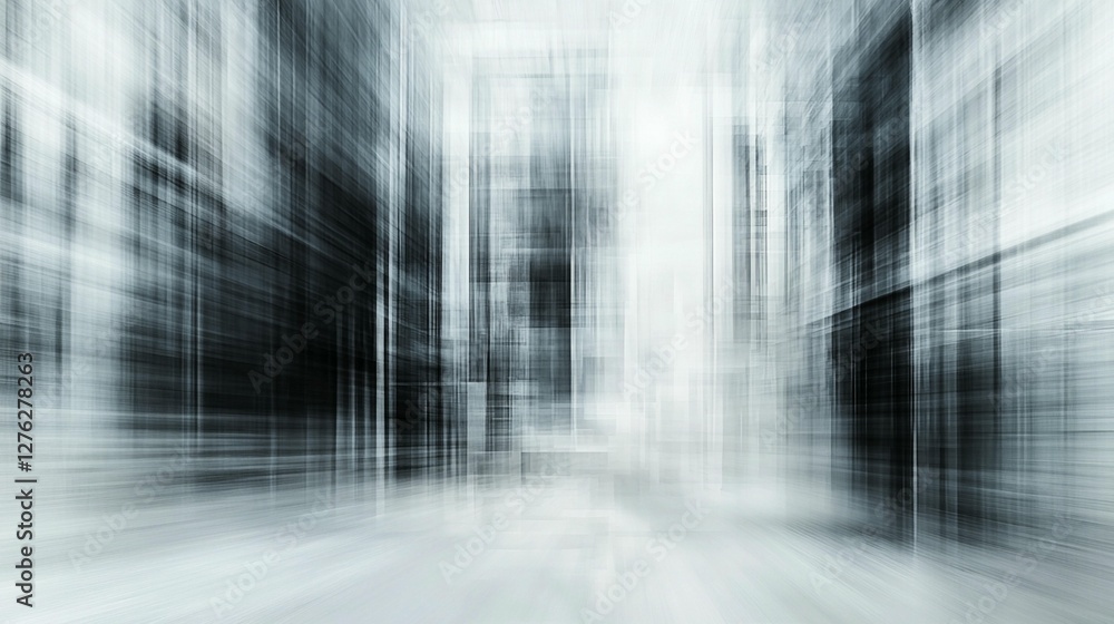 Poster abstract grayscale image of blurred city buildings, creating a sense of speed and movement.