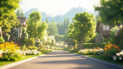 Fototapeta premium Peaceful suburban street lined with blooming flowers, lush green trees, and charming houses against a backdrop of distant mountains under soft sunlight creating a serene neighborhood scene