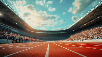 Athletics stadium with a red running track surrounded by cheering crowd under a bright blue sky