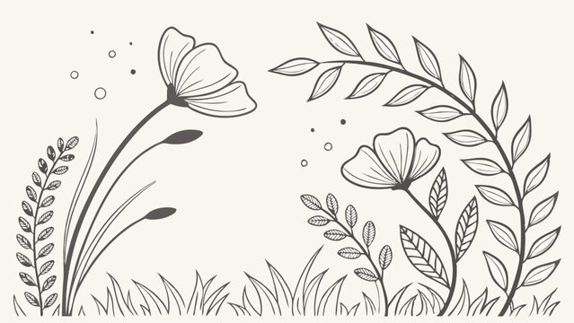 black and white illustration, delicate floral sketch, botanical line art, minimalist nature drawing, whimsical flowers and leaves, hand-drawn style, simple grass blades, elegant curved stems, butterfl