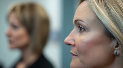 Fototapeta premium Focused Woman, colleague blurred, office, meeting