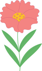 Hand drawn pink flower with stem and leaves. Isolated vector illustration.
