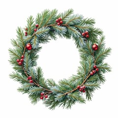Decorative Holiday Wreath with Green Pine Branches and Red Berries Festive Christmas Celebration Design