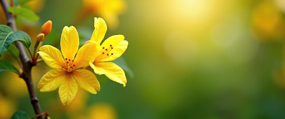Yellow flowers with green foliage in soft focus background during daylight in a natural setting. Floral macro photography.