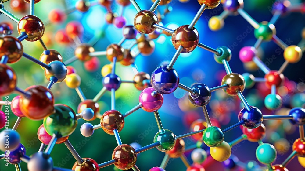 Poster molecular structure science background: 3d model of atoms and bonds with copy space