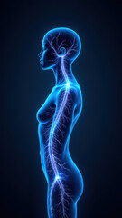 Image depicts a detailed anatomical representation of human body with emphasis on neural pathways, especially the Vagus Nerve Stimulation.