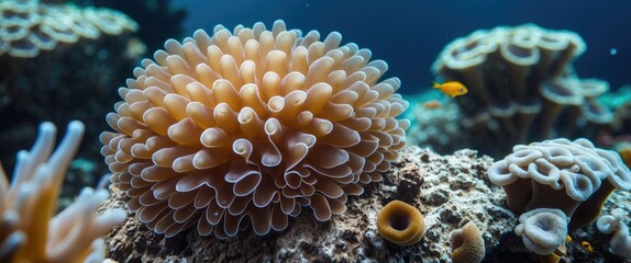 Obraz premium Close-up view of vibrant coral formation in clear blue ocean water, showcasing marine life and underwater ecosystem.
