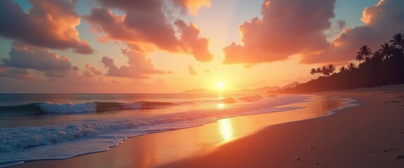 Tropical beach during sunset with vibrant clouds reflections on water and silhouette of palm trees on shoreline
