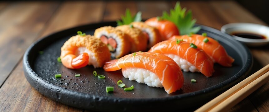 Sushi platter with assorted rolls including salmon nigiri and crunchy rolls garnished with green onions on a black plate