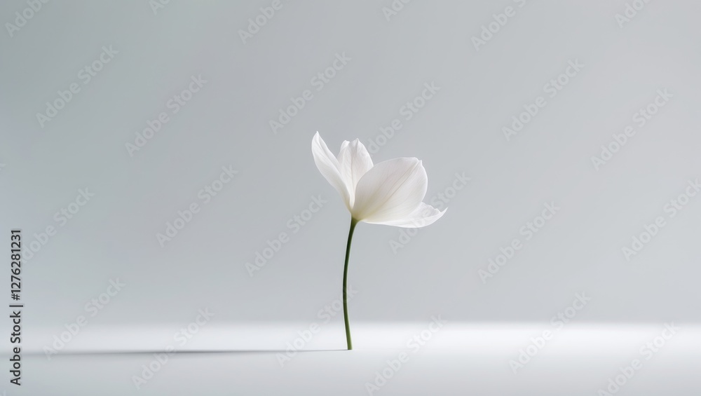 Aufkleber single white flower with delicate petals standing upright on a minimalistic gray background with sof