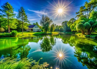 Fototapeta premium Montgomery Alabama Residential Pond Green Water Sun Starburst Long Exposure Photography
