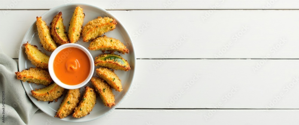 Poster baked avocado chips arranged in a circular pattern on a plate with a small bowl of dipping sauce on 