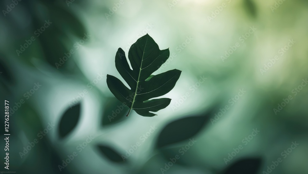 Poster single green leaf in soft focus surrounded by blurred foliage in natural light with a gradient bokeh