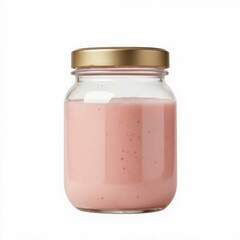 Glass Jar Filled with Creamy Pink Smoothie Close Up Displaying Homemade Healthy Refreshment