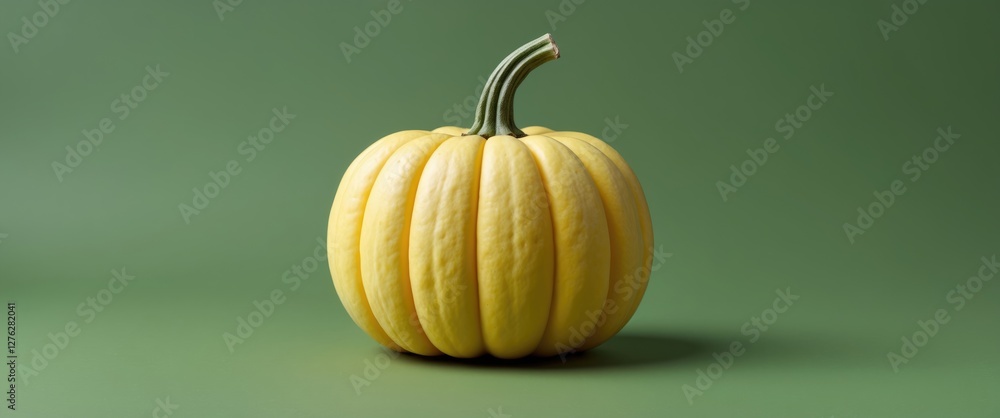 Aufkleber yellow pumpkin on a green background with a smooth texture and distinct vertical ridges positioned f
