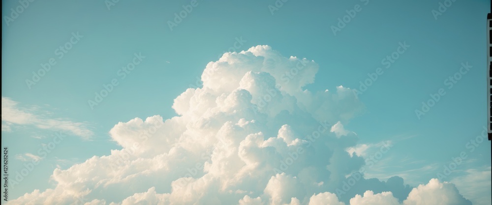 Poster white fluffy clouds against a blue sky with soft sunlight and minimal atmospheric distortion in a cl