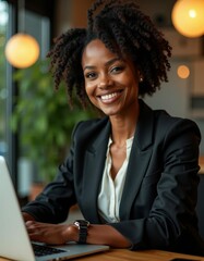 Smiling Businesswoman Working at a Laptop in a Modern Office with a Positive and Professional Attitude