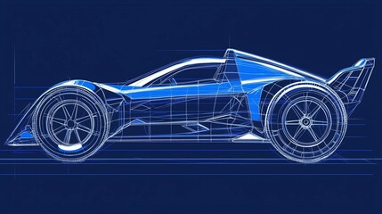 Blueprint illustration of a futuristic race car design, side profile view.