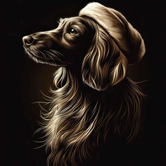 Naklejka premium Golden Retriever Portrait Wearing a Santa Hat Line Art Illustration on Dark Background