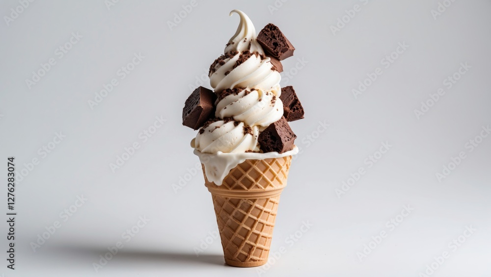 Poster ice cream cone with swirls of vanilla soft serve topped with chocolate brownie pieces against a plai
