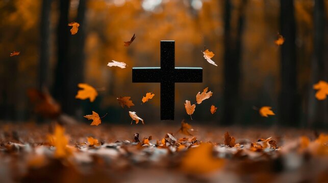 Symbolic Autumnal Cross Amidst Falling Leaves in Nature's Embrace Meditative Religious Theme