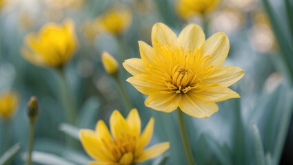Yellow water lily flower in a blurred background of green leaves and additional blooms in a natural setting.