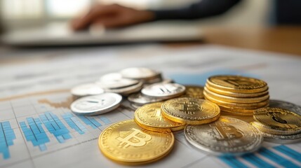 Gold and silver coins strategically placed on financial charts with a laptop in the background highlighting modern investment dynamics and market trends.