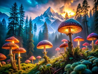 Fototapeta premium Mystical Forest Double Exposure: Misty Mountains & Vibrant Mushrooms