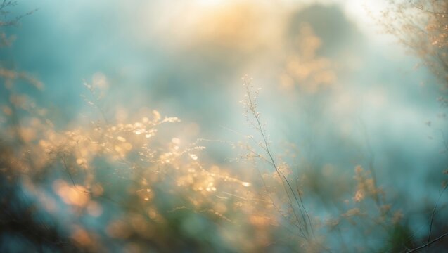 Soft focus photograph of tall grass with warm sunlight illuminating a misty background during early morning hours.