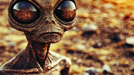 Mysterious alien figure stands alone on a rocky landscape under a vibrant sky during twilight hours