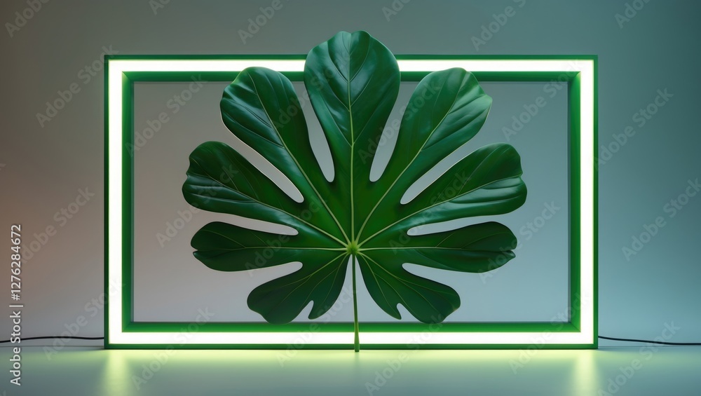Aufkleber large green leaf in a neon-lit rectangular frame against a soft gradient background. modern minimali