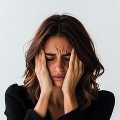 A woman with brown hair and a red face is crying