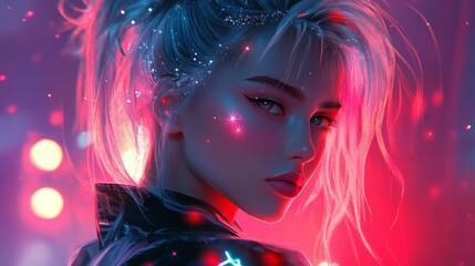 Captivating Portrait of a Young Woman with Neon Lights and Glamour