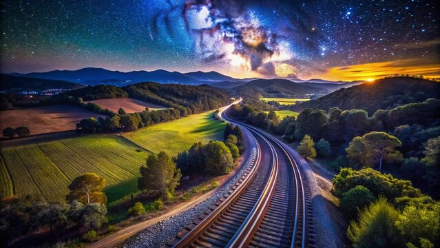 Night Aerial of Train Tracks Crossing Girona Countryside near Flaca