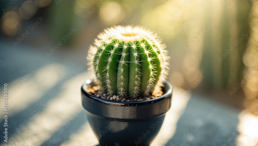 Poster green cactus in a black pot placed on a surface with soft sunlight in the background creating a warm