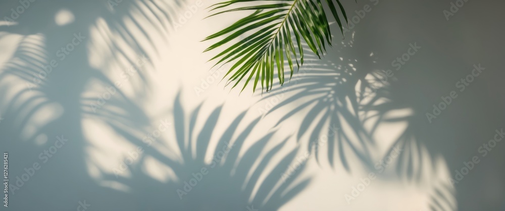 Poster palm leaves casting shadows on a light-colored wall creating a natural pattern and texture in minima