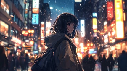 Obraz premium Young woman in city during snowfall, illuminated neon lights, night scene